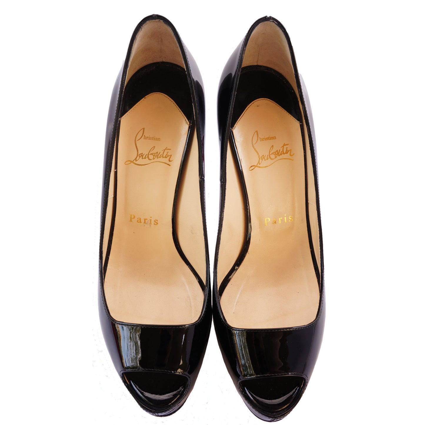 CHRISTIAN LOUBOUTIN 120 MLLE DAM PATENT LEATHER PEEP-TOE PUMPS - leefluxury.com