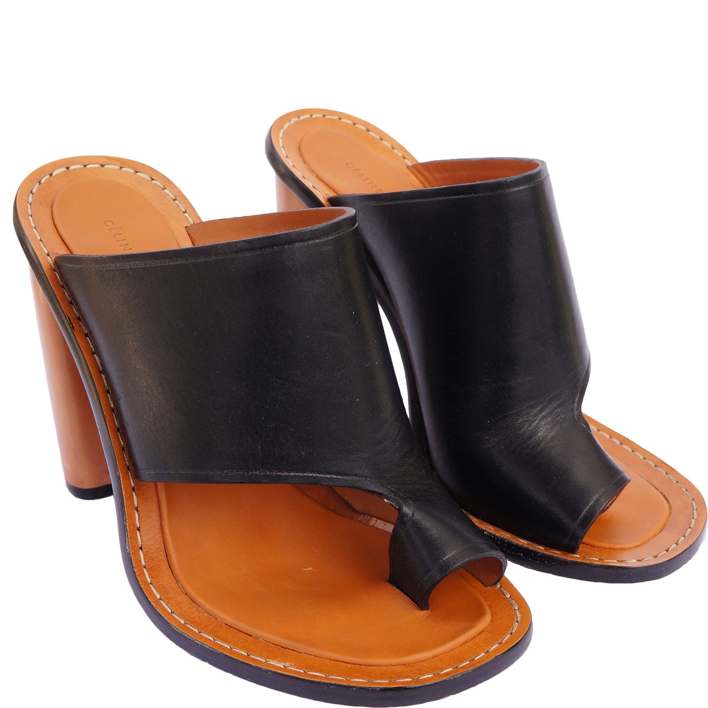 CÉLINE LEATHER SLIDE SANDALS - leefluxury.com