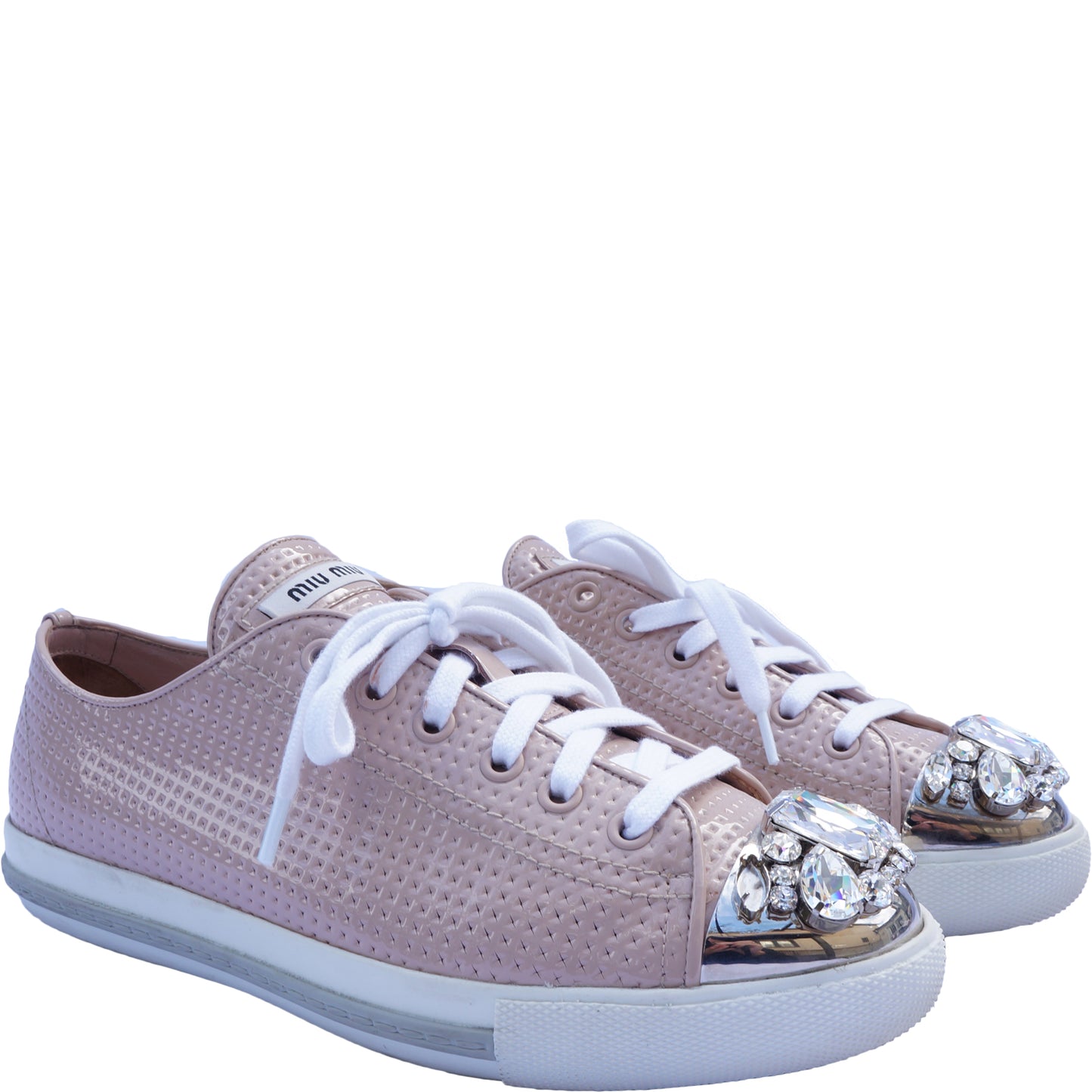 MIU MIU PINK CRYSTAL CAP-TOE SNEAKERS - leefluxury.com