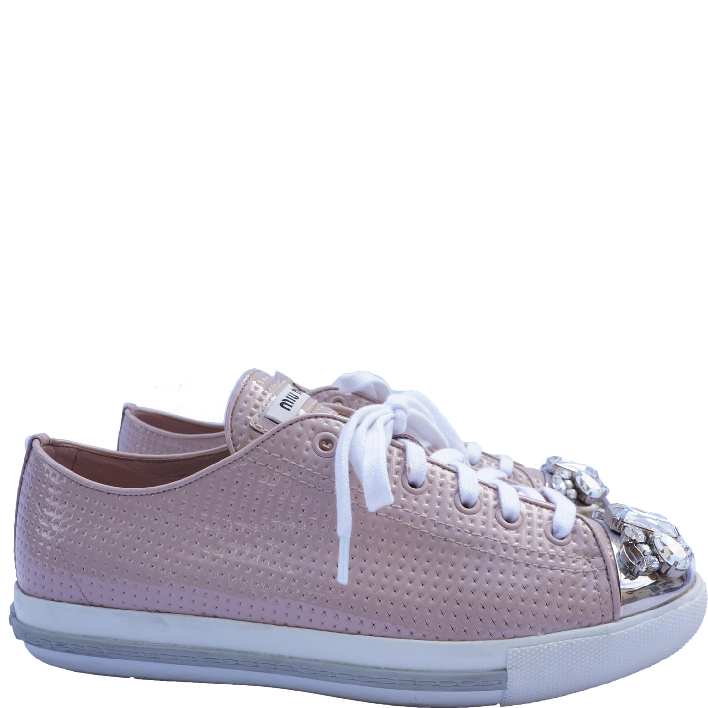 MIU MIU PINK CRYSTAL CAP-TOE SNEAKERS - leefluxury.com