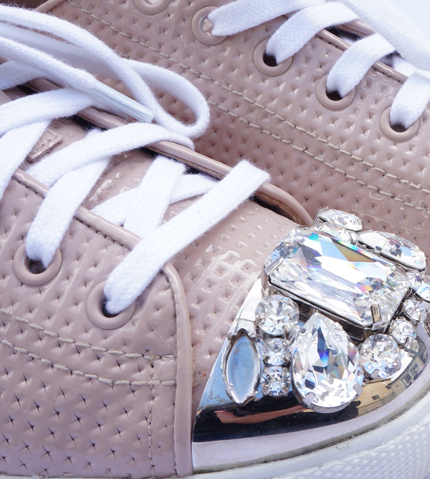 MIU MIU PINK CRYSTAL CAP-TOE SNEAKERS - leefluxury.com