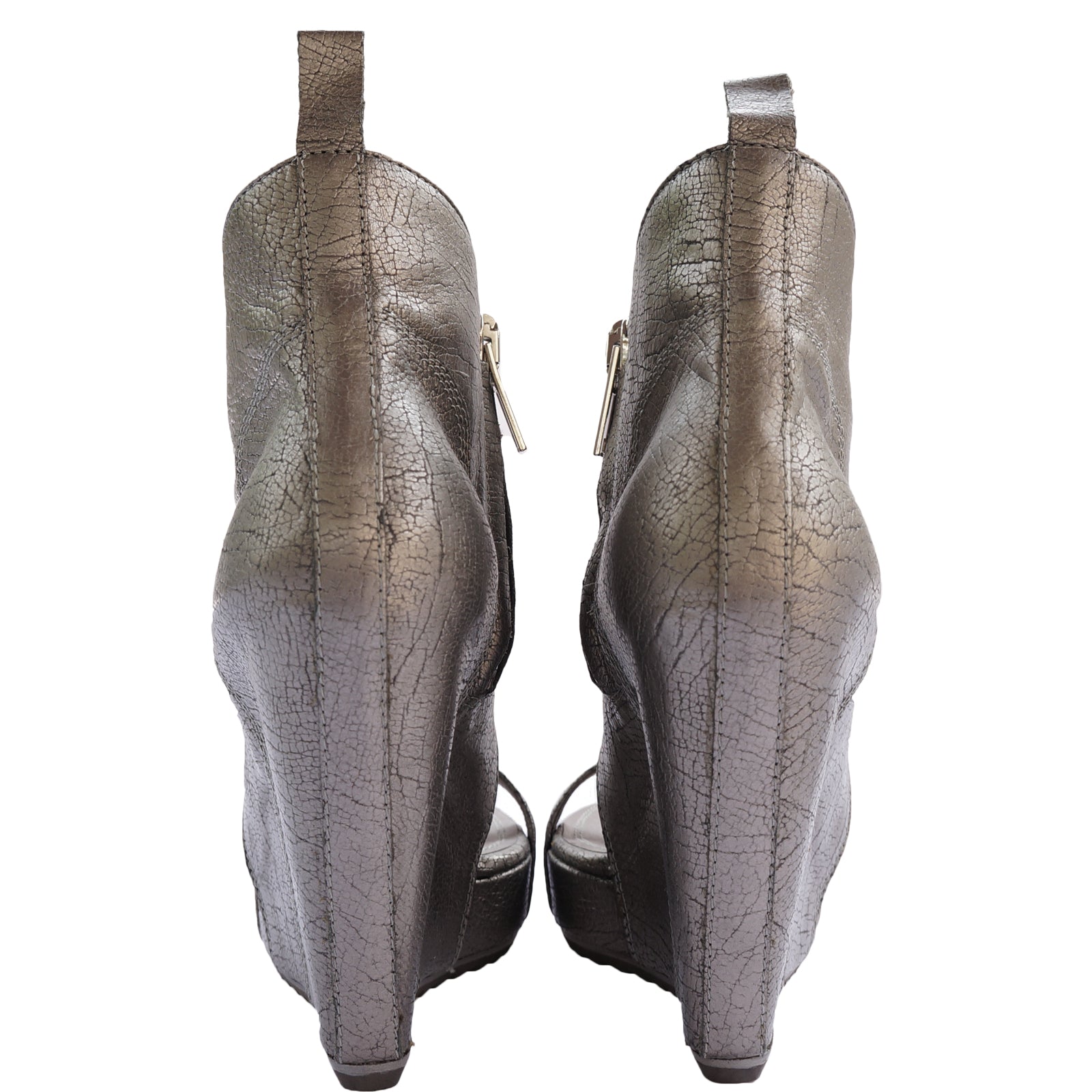 RICK OWEN SILVER METALLIC LEATHER PLATFORM WEDGE - leefluxury.com