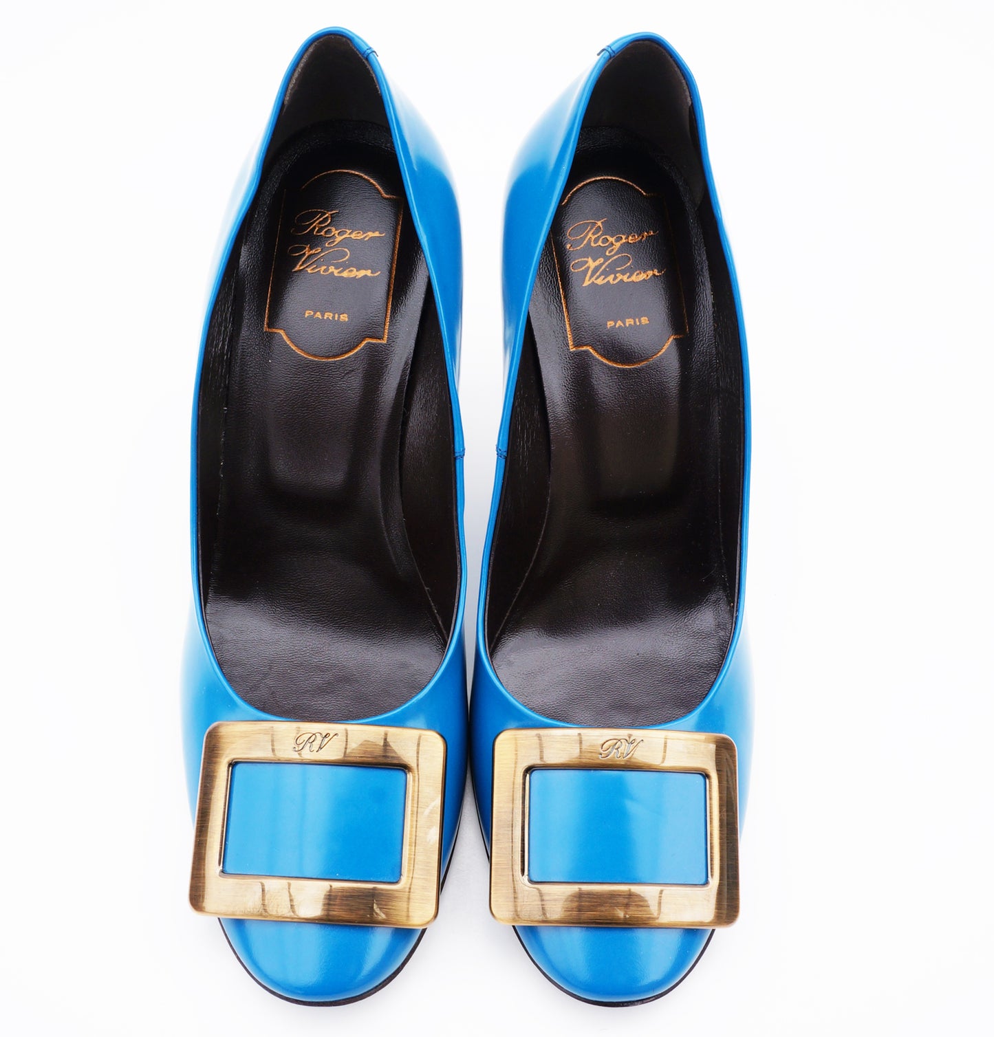 ROGER VIVIER BLUE PATENT LEATHER BUCKLE PUMPS - leefluxury.com
