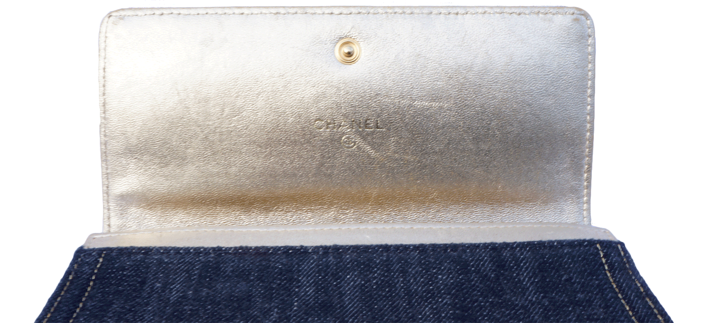 CHANEL DENIM AND GOLD LEATHER WALLET - leefluxury.com