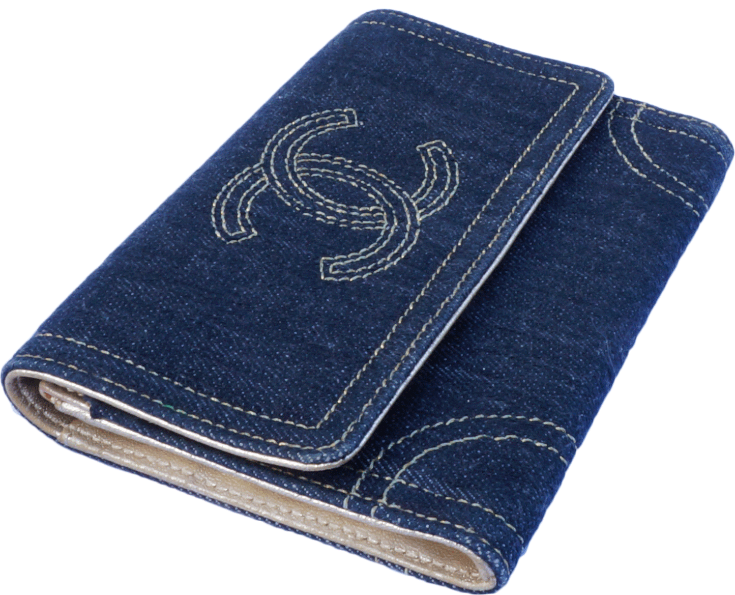 CHANEL DENIM AND GOLD LEATHER WALLET - leefluxury.com