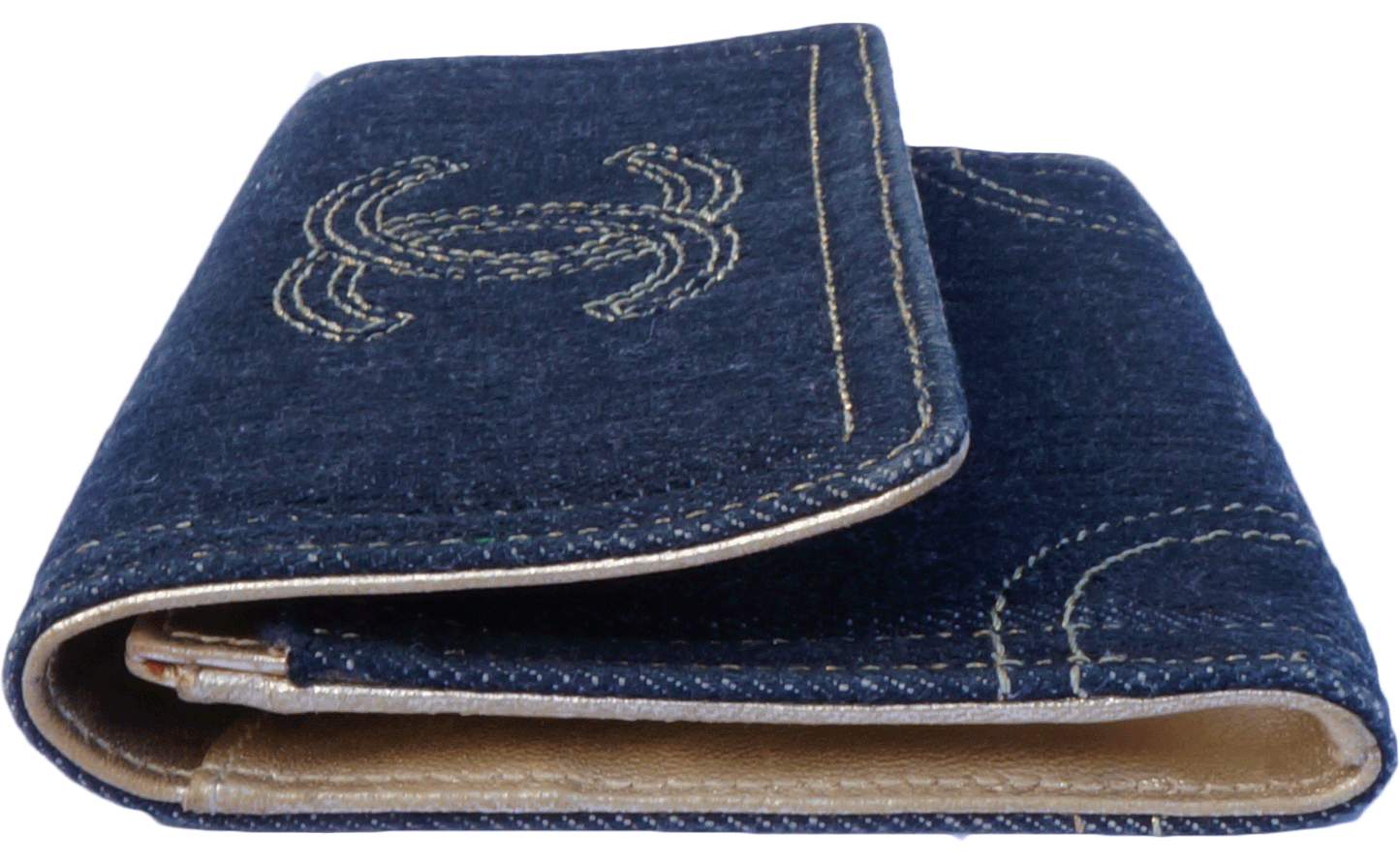 CHANEL DENIM AND GOLD LEATHER WALLET - leefluxury.com