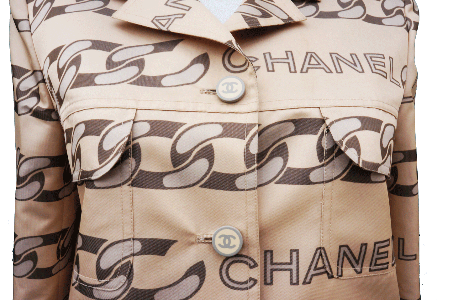 CHANEL LOGO & CHAIN-LINK PRINTED TRENCH COAT - leefluxury.com