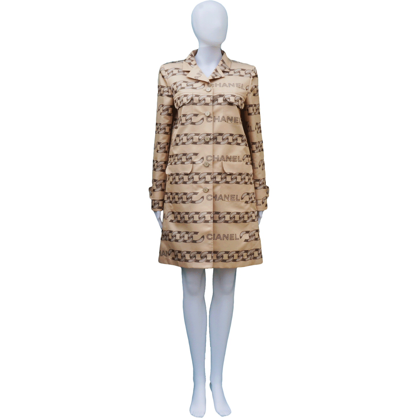 CHANEL LOGO & CHAIN-LINK PRINTED TRENCH COAT - leefluxury.com