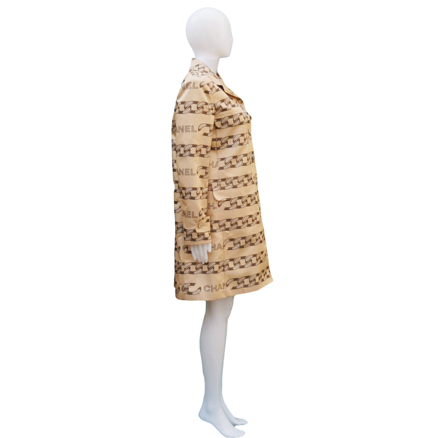 CHANEL LOGO & CHAIN-LINK PRINTED TRENCH COAT - leefluxury.com