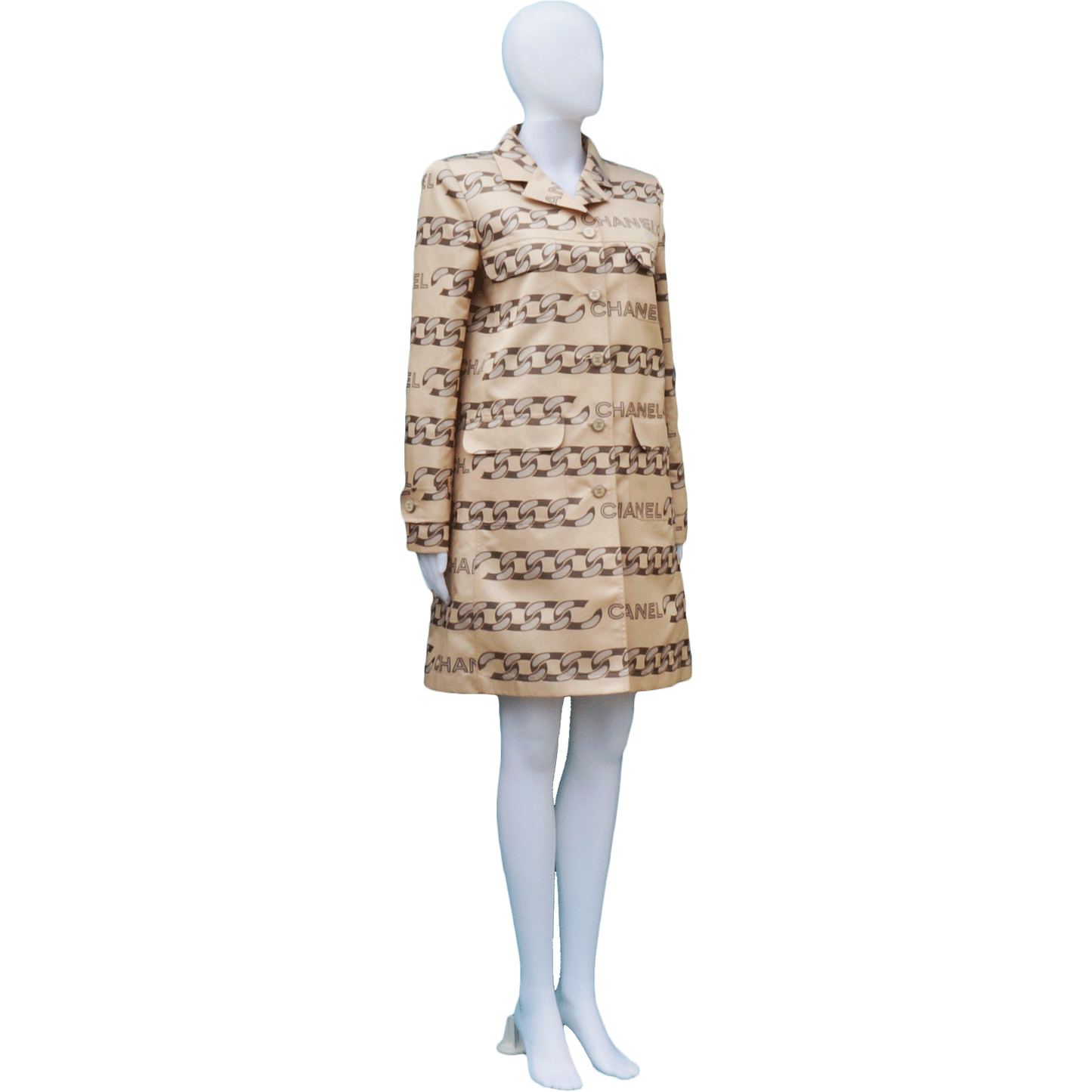 CHANEL LOGO & CHAIN-LINK PRINTED TRENCH COAT - leefluxury.com