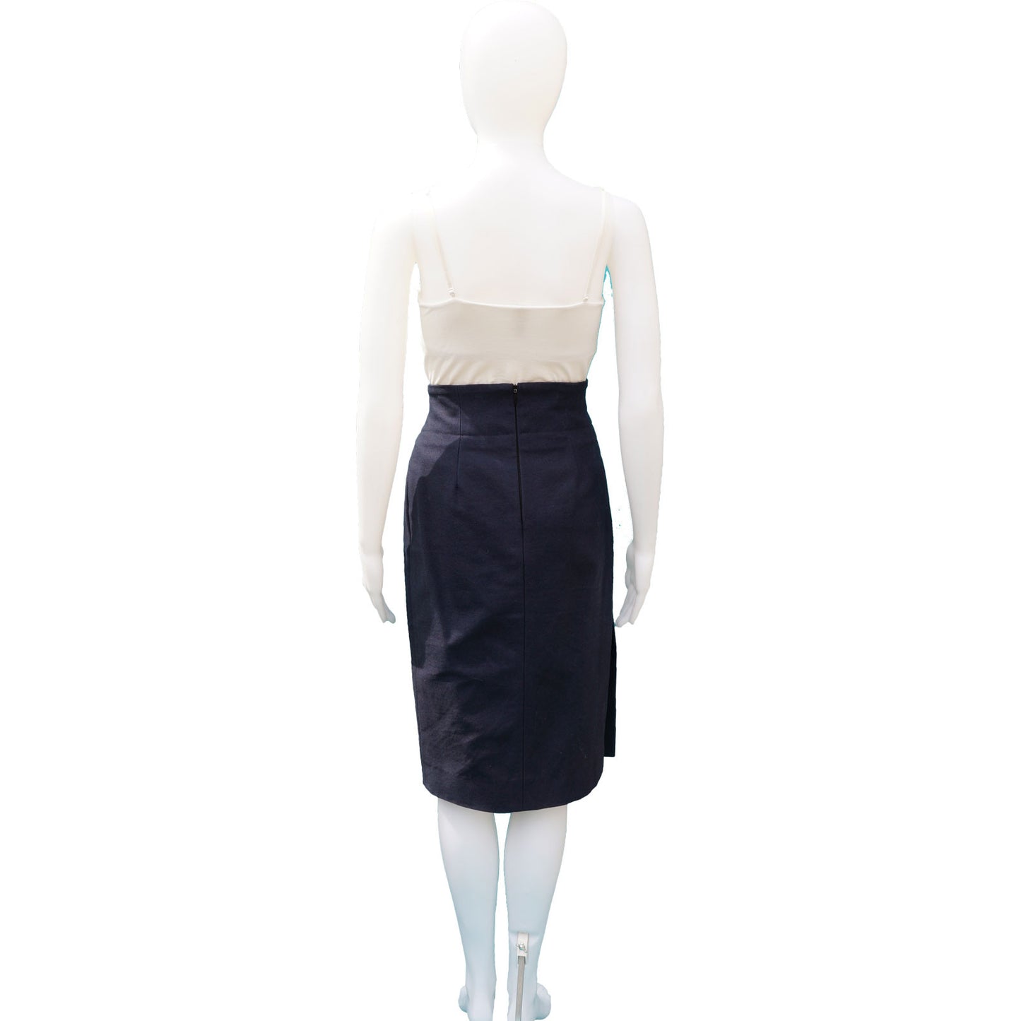 NAVY COTTON TWEED HIGH WAIST PENCIL SKIRT - leefluxury.com