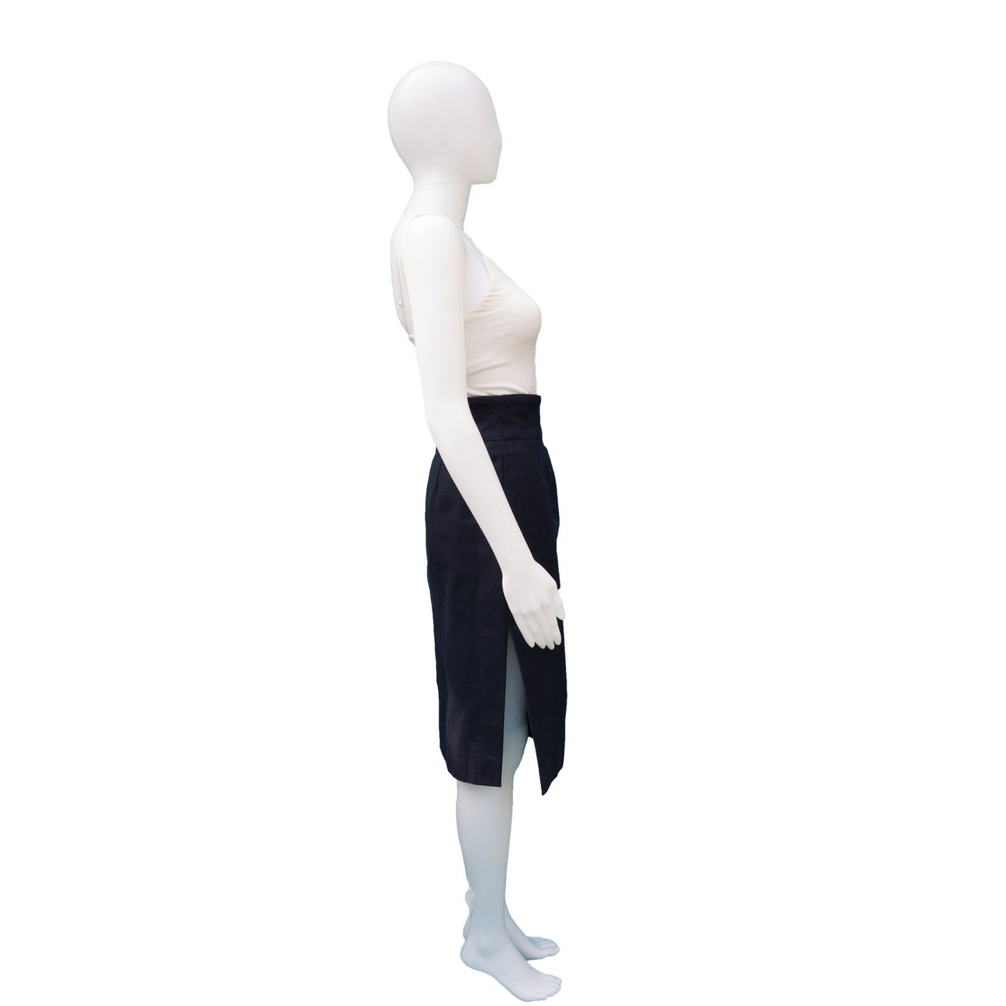 NAVY COTTON TWEED HIGH WAIST PENCIL SKIRT - leefluxury.com