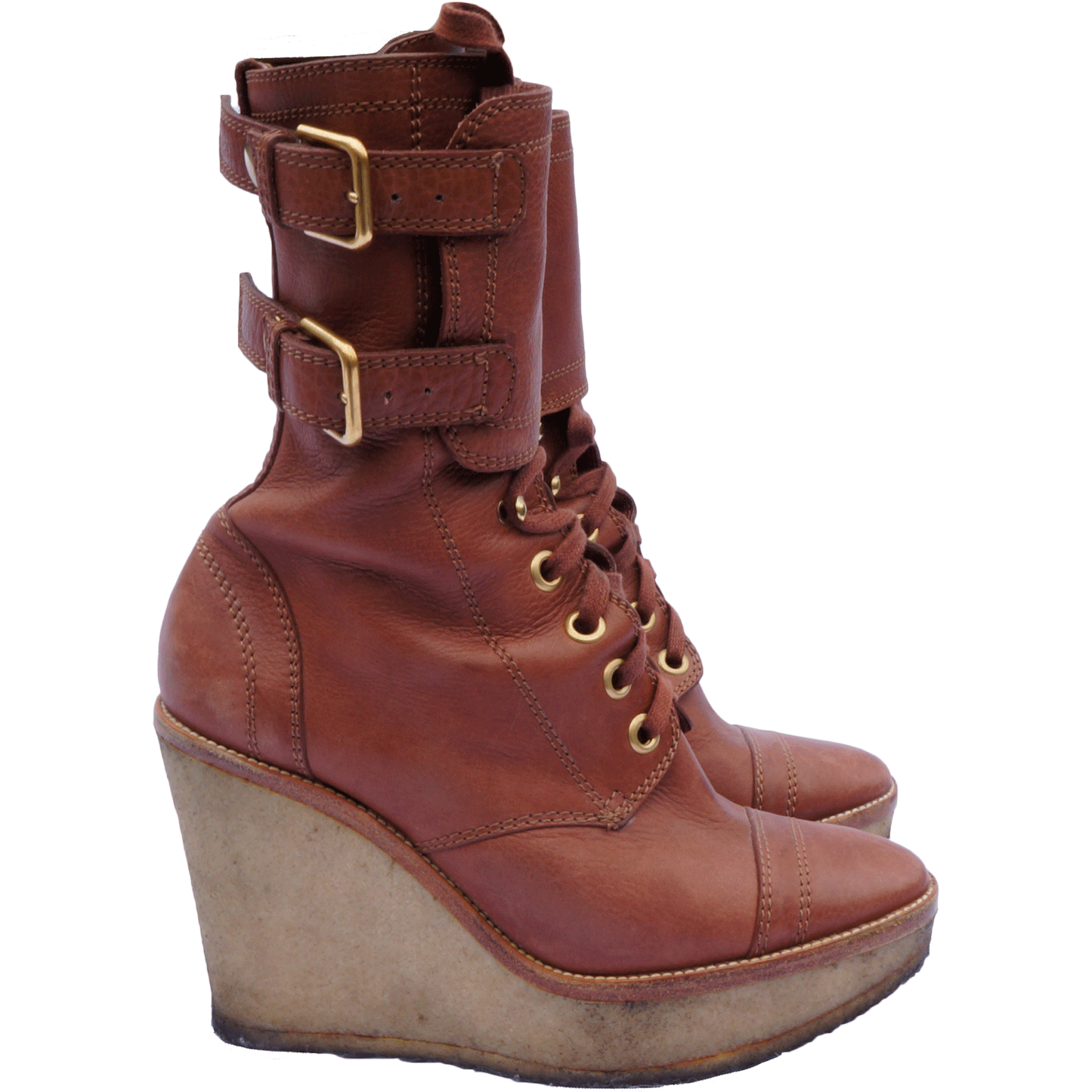 YVES SAINT LAURENT LEATHER MID-CALF WEDGE BOOTS - leefluxury.com