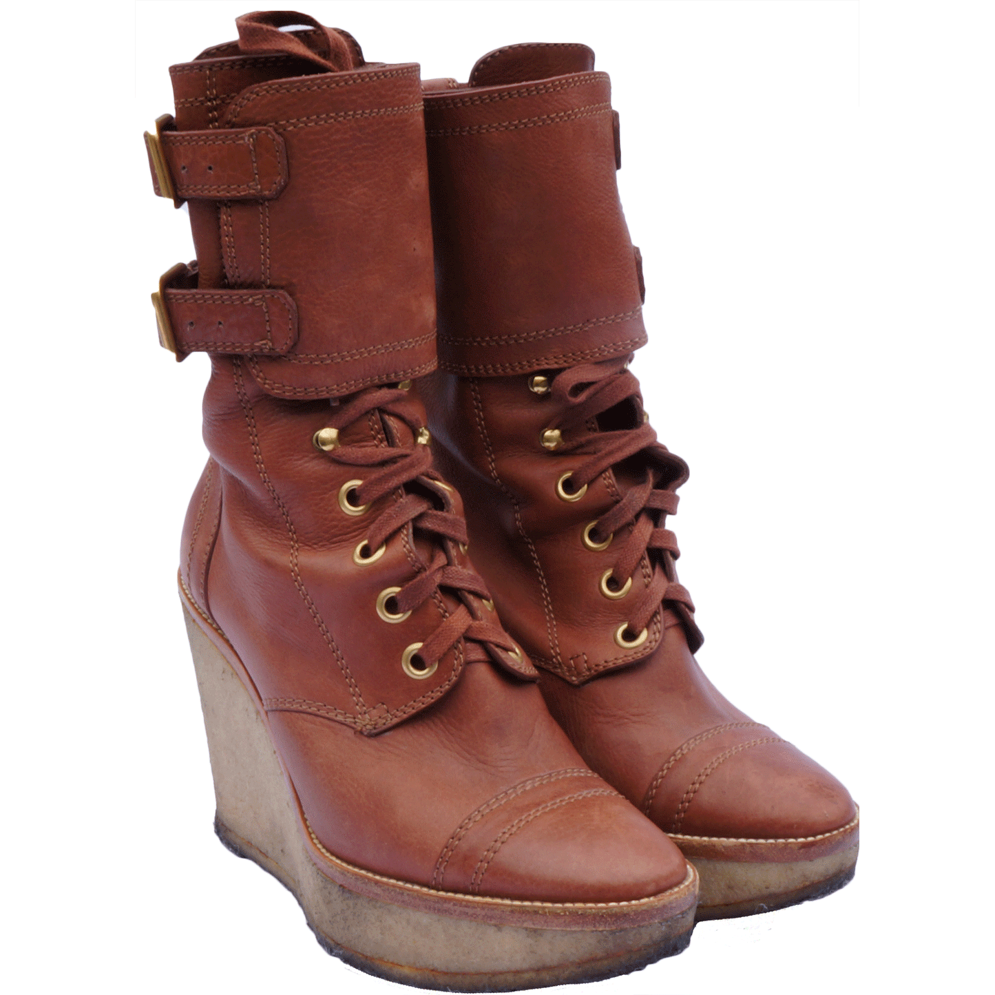 YVES SAINT LAURENT LEATHER MID-CALF WEDGE BOOTS - leefluxury.com