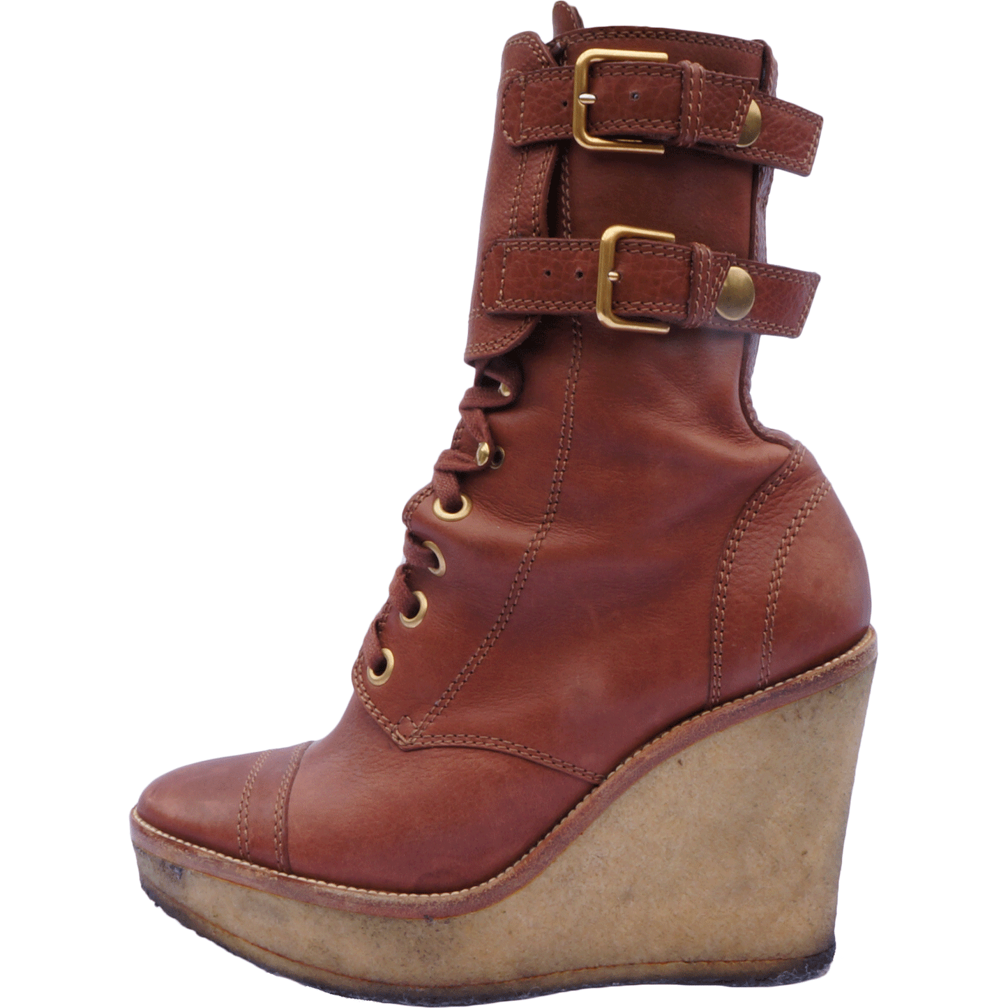 YVES SAINT LAURENT LEATHER MID-CALF WEDGE BOOTS - leefluxury.com