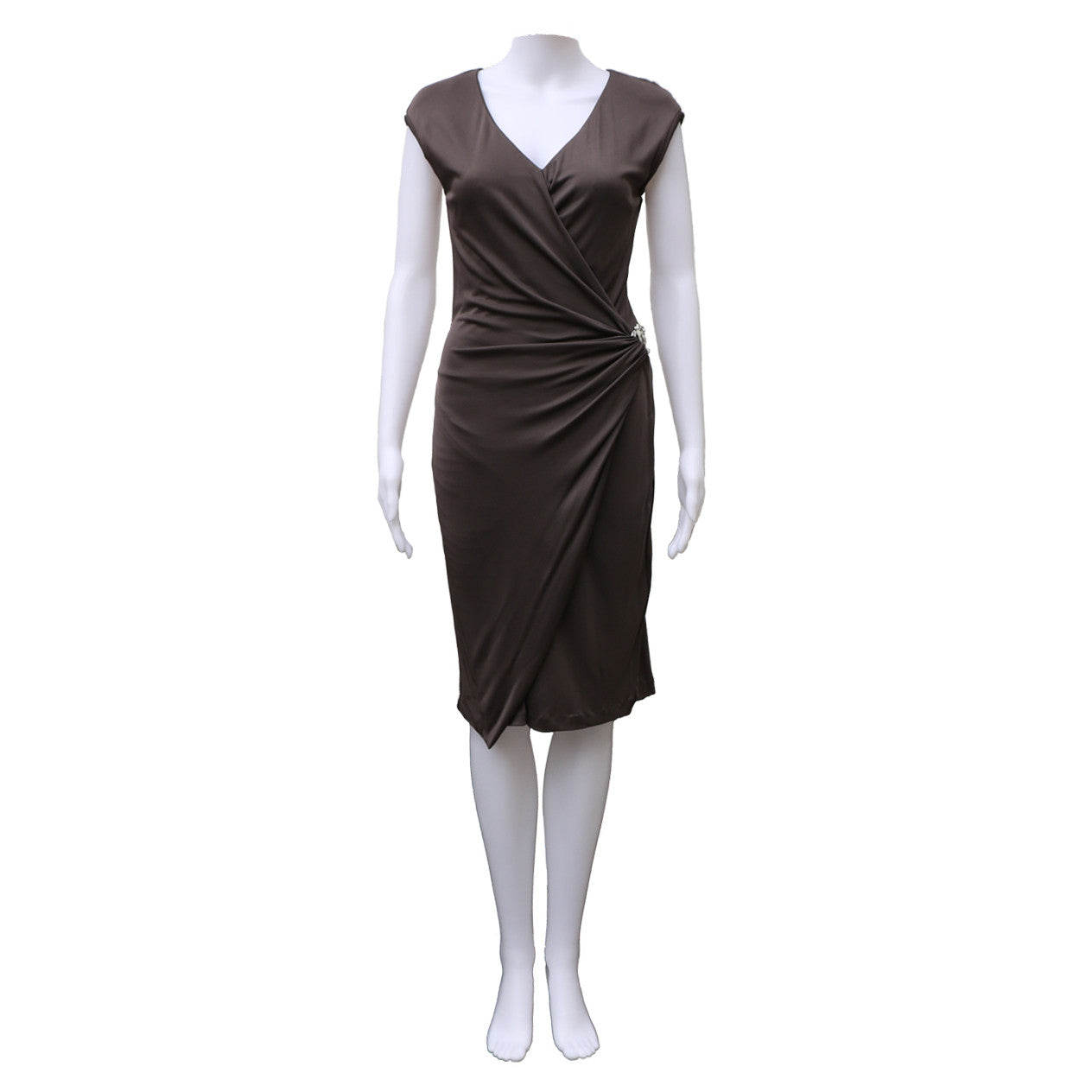 Roberto Cavalli taupe jersey wrap dress; deep V - neck; cap sleeves. leefluxury.com Roberto Cavalli taupe jersey wrap dress; deep V - neck; cap sleeves. leefluxury.com