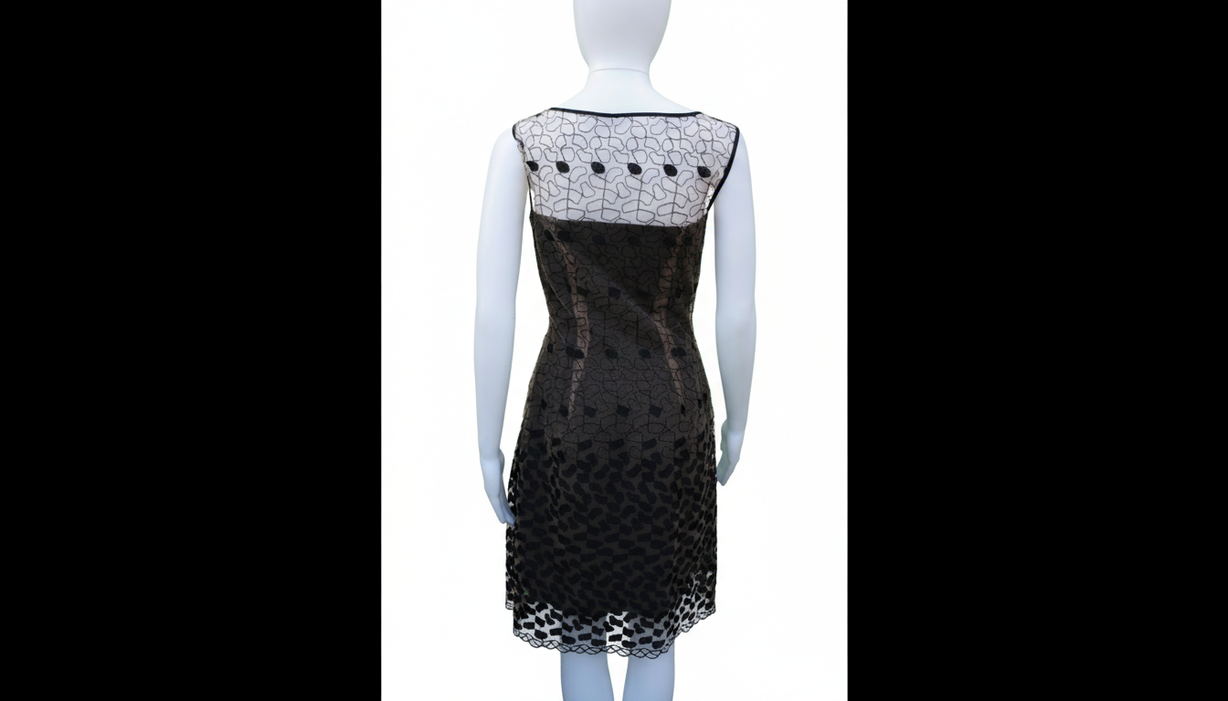 Black dress with white lace details on a mannequin against a white background
