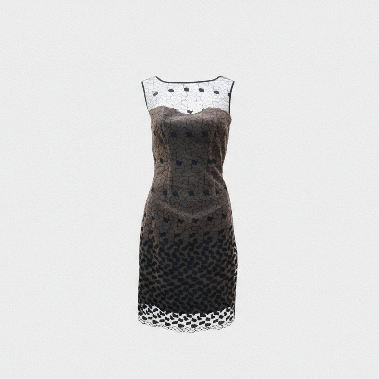 Black dress with white polka dot pattern on a light gray background