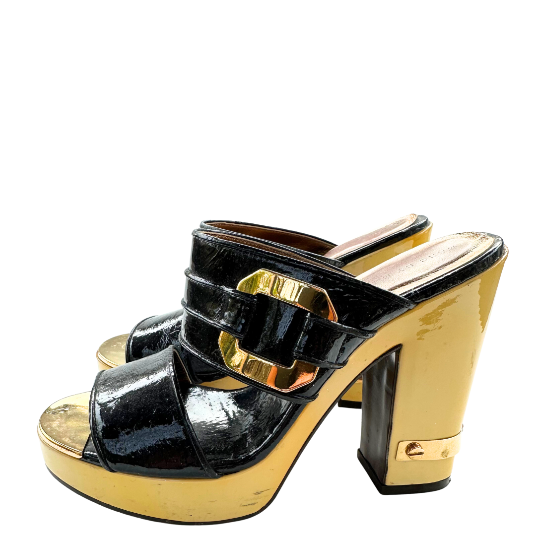 Marc by Marc Jacobs slip on black patent leather shoe, yellow leather covered heel, gold tone hardware, chunky heel.