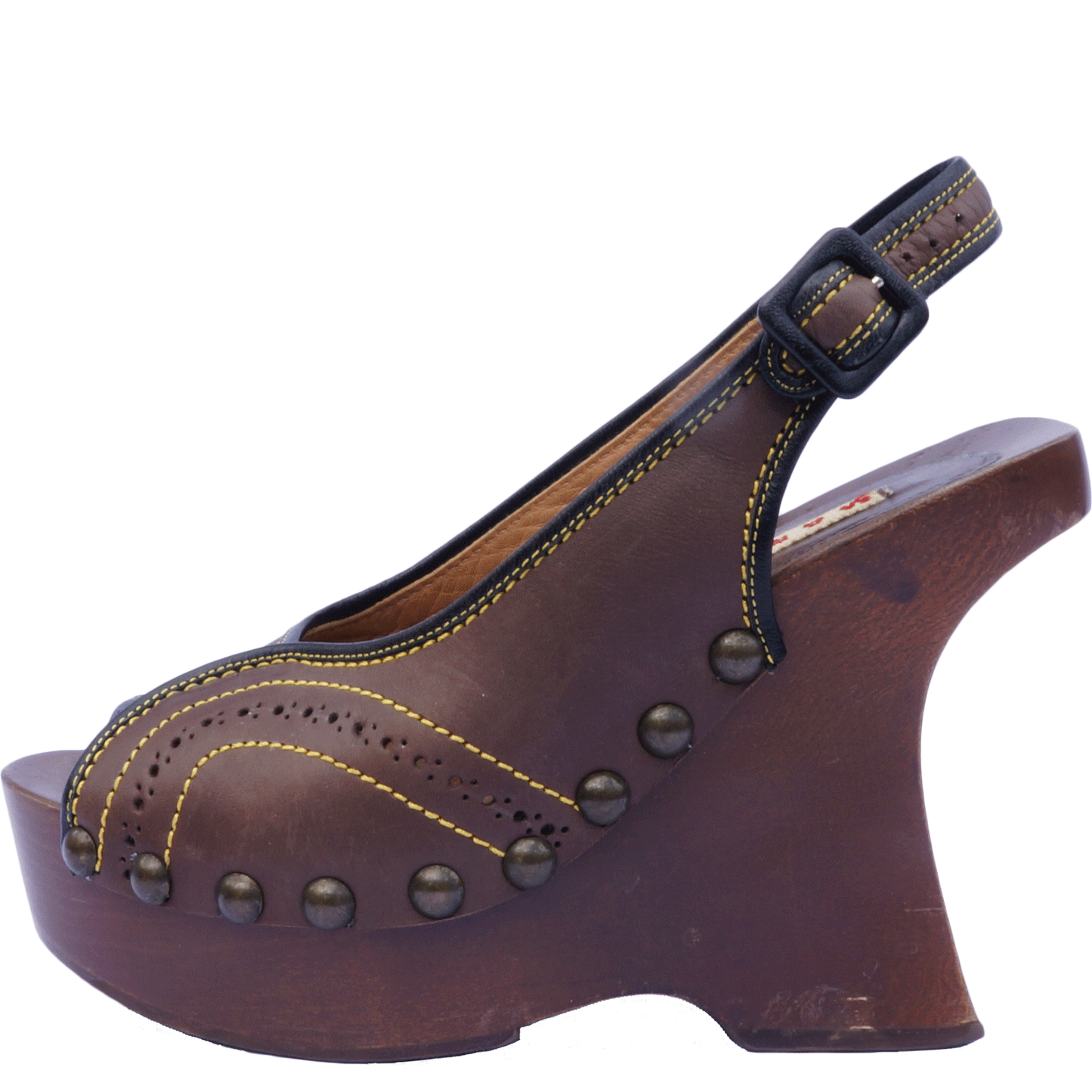 Marni brown leather wedge sandal, wood wedge heel, studded at leather. Vintage 1990's