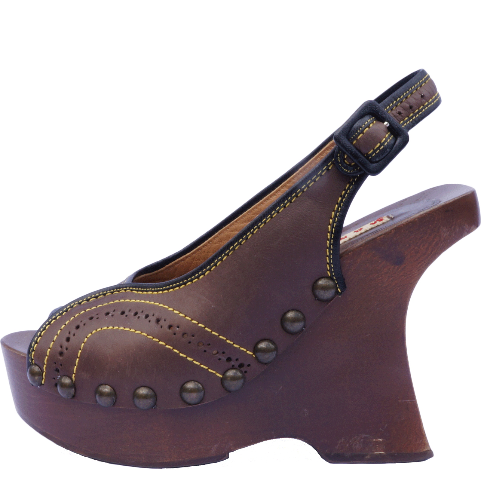 Marni brown leather wedge sandal, wood wedge heel, studded at leather. Vintage 1990's