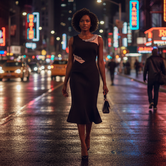 Woman walking on a city street at night with neon signs and reflections on the wet pavement.