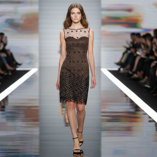 Model walking on a fashion show runway wearing a black lace dress.