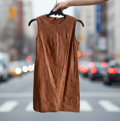 VINCE LEATHER SLEEVELESS SHIFT DRESS - leefluxury.com