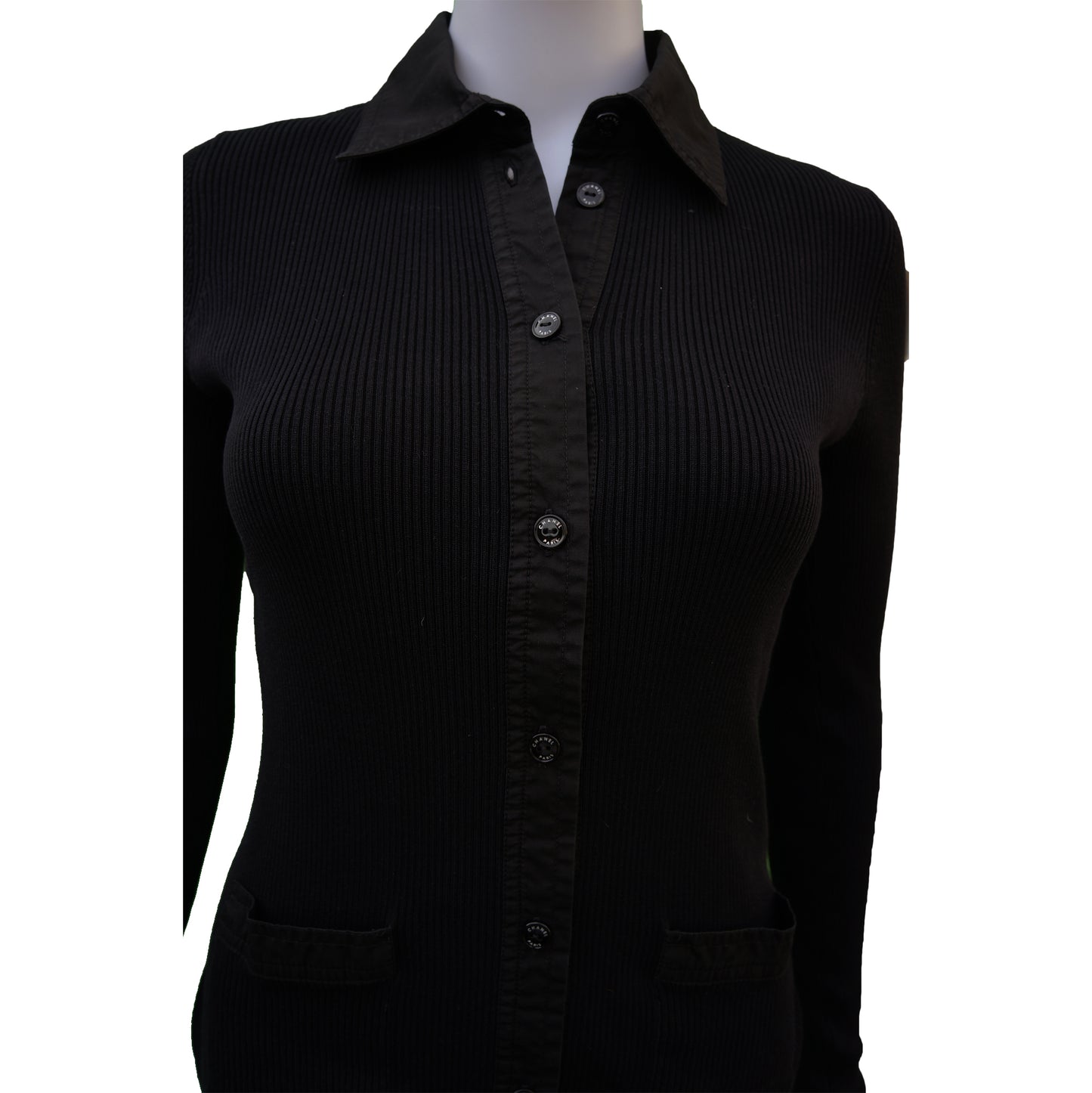 CHANEL BLACK RIB KNIT COLLARED BUTTON UP TOP - leefluxury.com