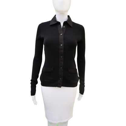 CHANEL BLACK RIB KNIT COLLARED BUTTON UP TOP - leefluxury.com