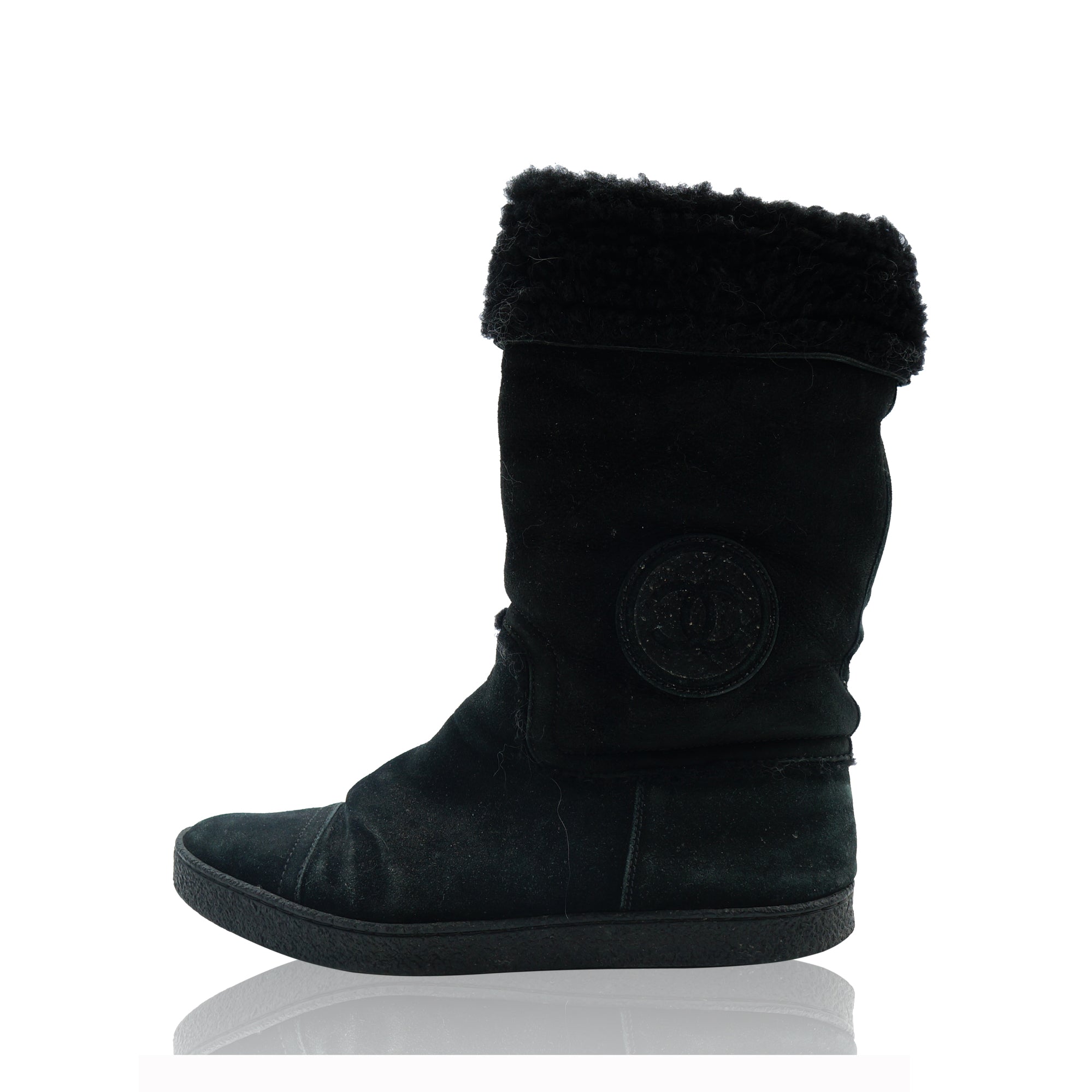 CHANEL CC MID-CALF SUEDE BOOTS –