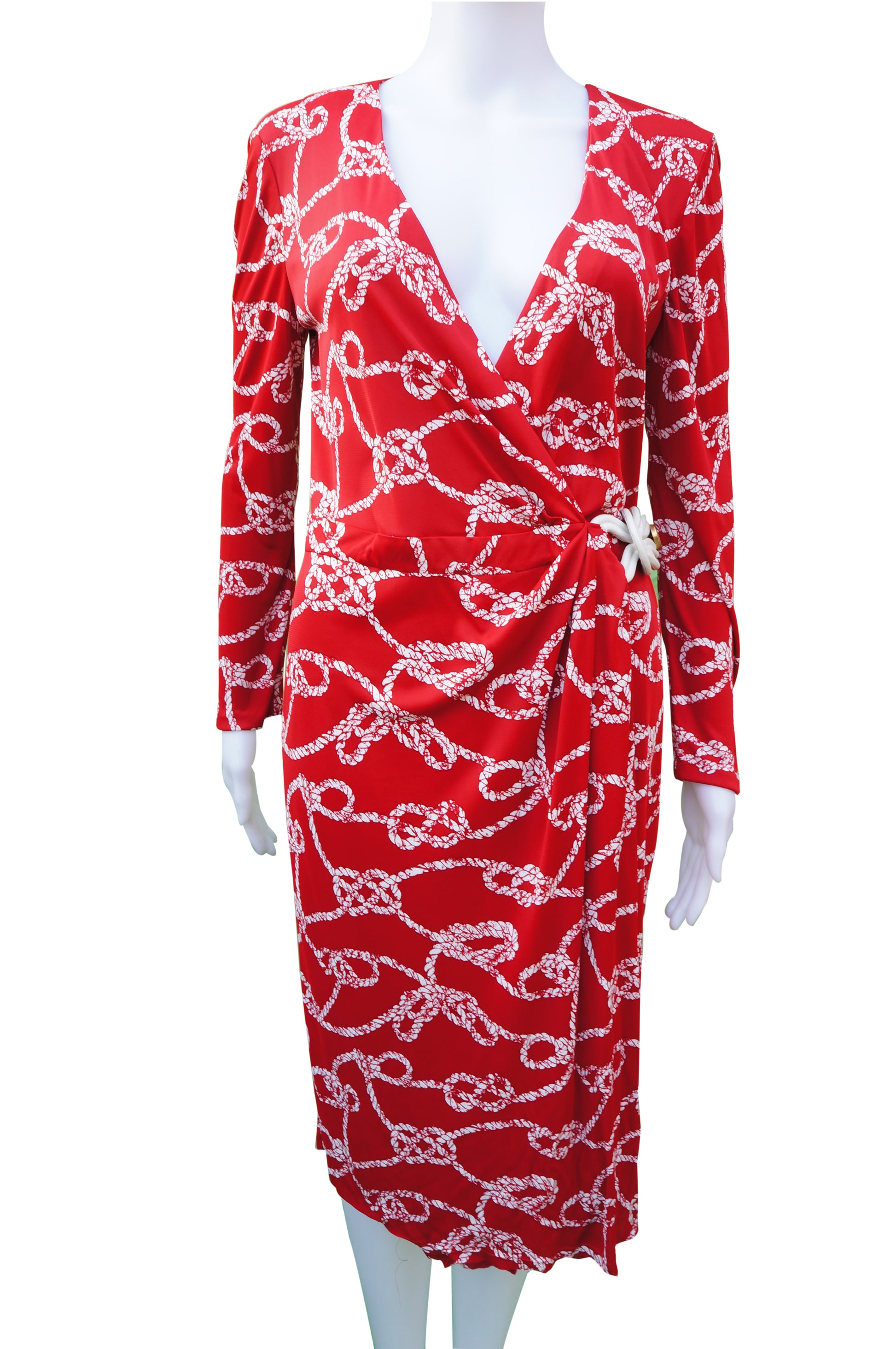 Gucci Wrap Red Rope Print Dress Long Sleeve Leather Tie - leefluxury.com