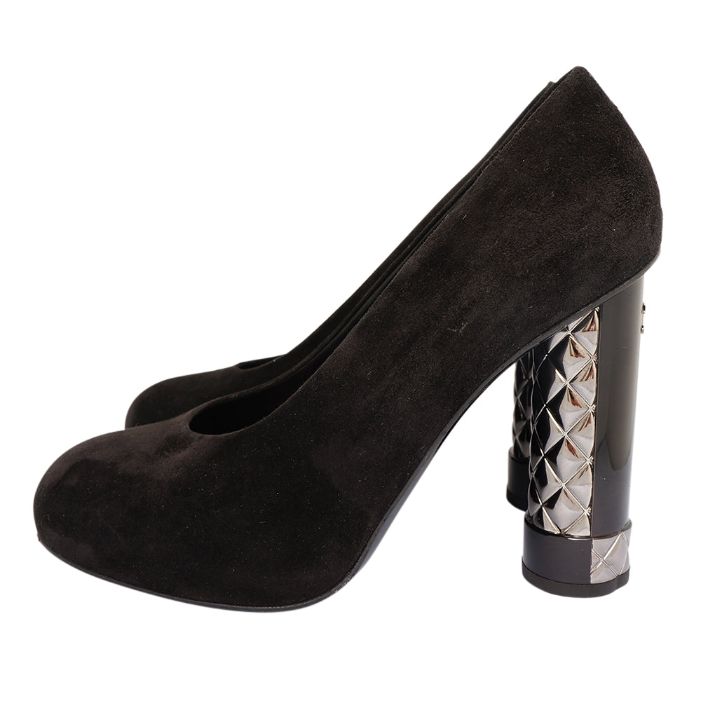 CHANEL 20C Calfskin Suede CC Logo Chain Metal Heels Pumps Shoes Black $975