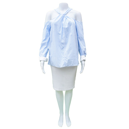 Rag & Bone blouse; blue striped Cutout Accent Halter-neck; back button closure.