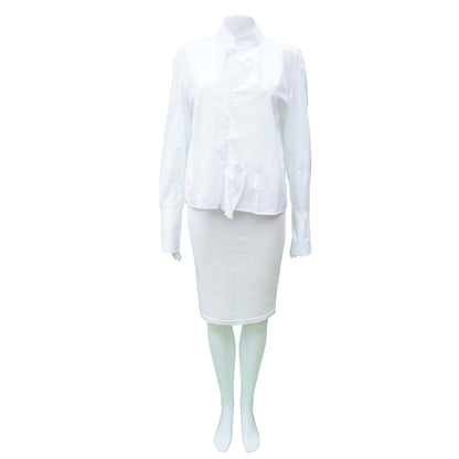 Frame white button up blouse; long sleeve; button closure; pullover; mandarin collar; two buttons at collar.