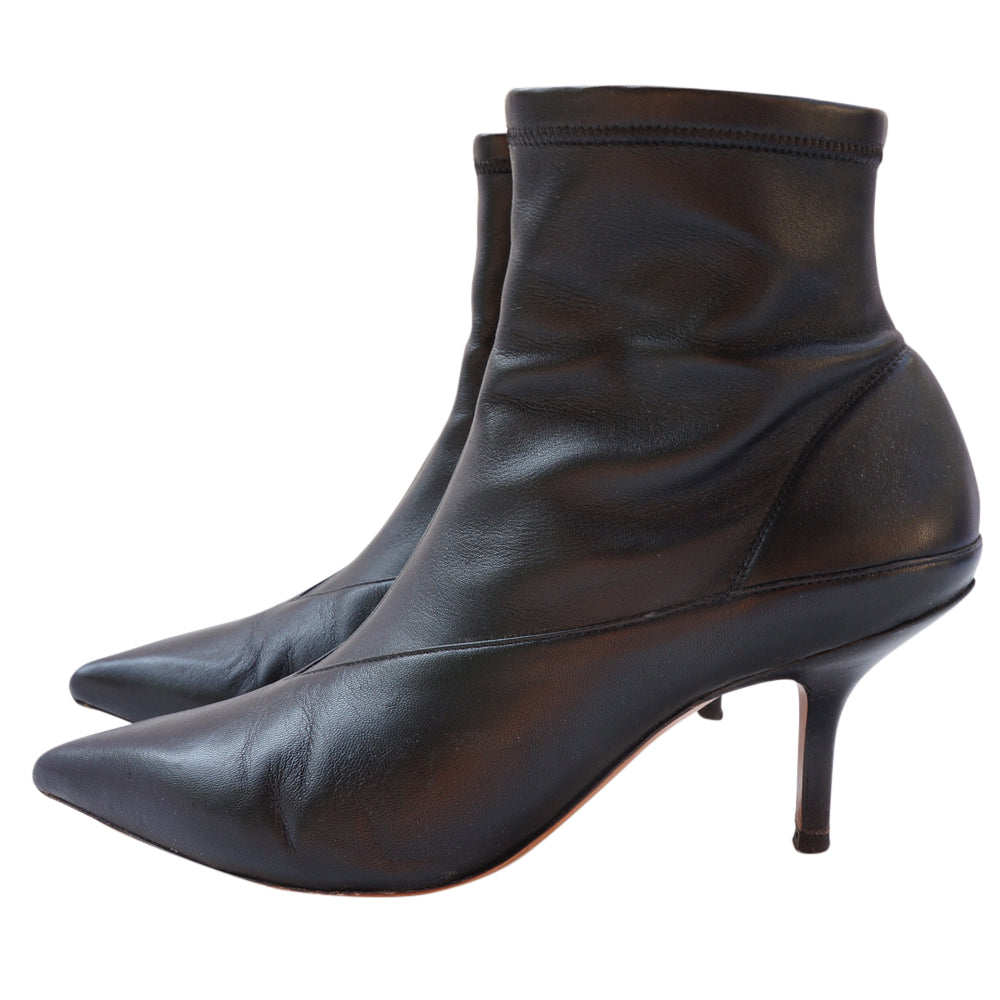 Celine VNeck Leather Ankle Sock Boots Black Pointed-Toes Stiletto Heels
