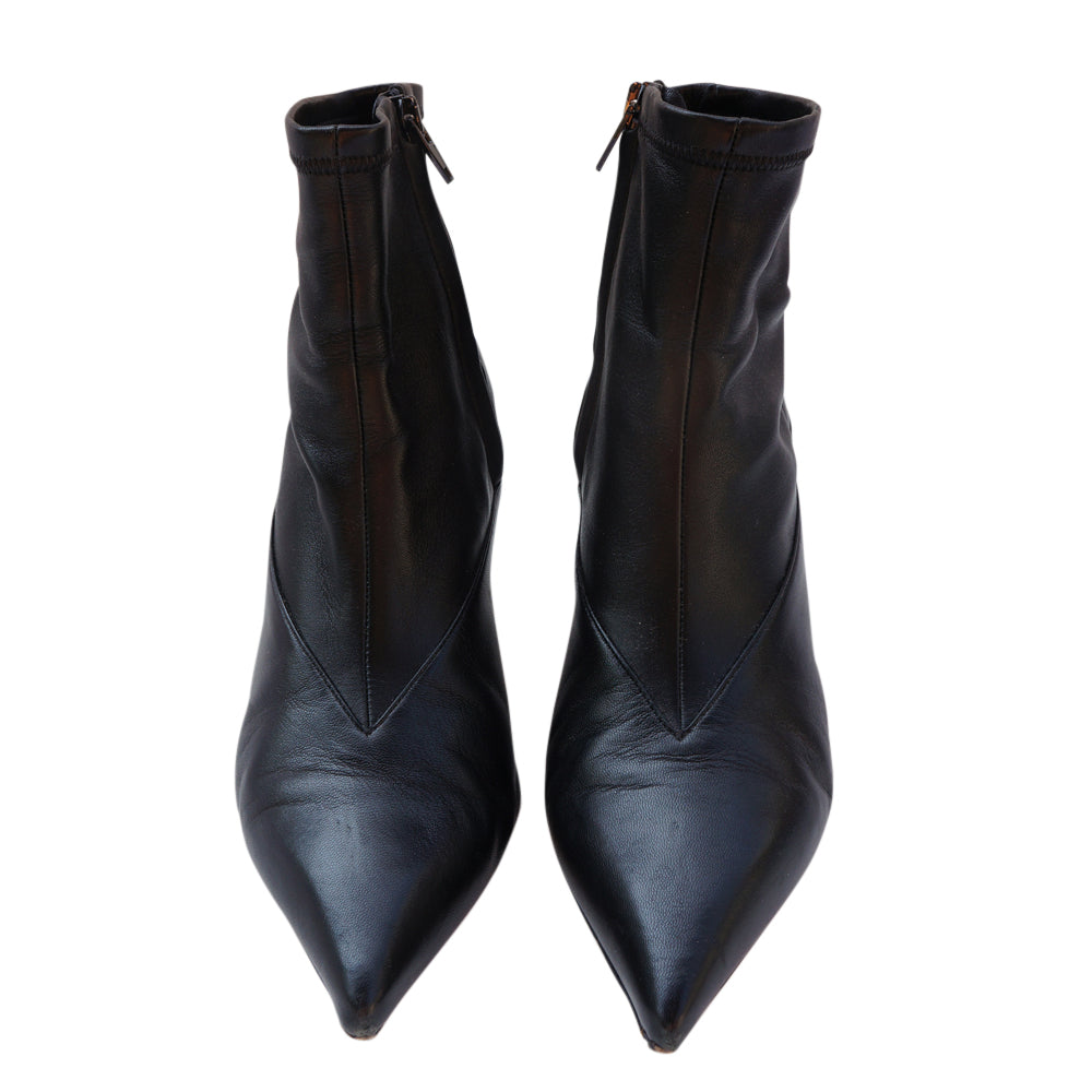 Celine VNeck Leather Ankle Sock Boots Black Pointed-Toes Stiletto Heels