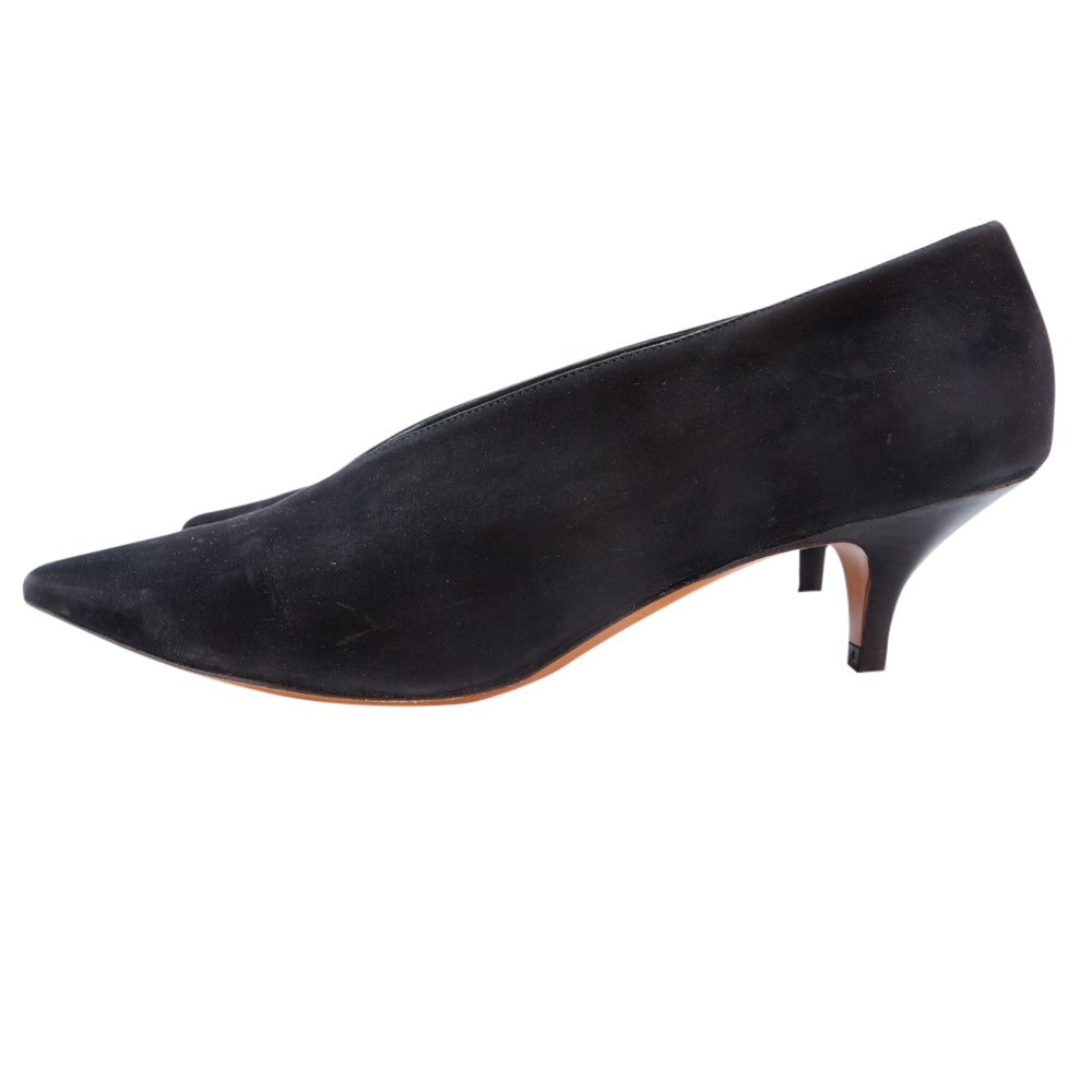 Celine suede pumps; black pointed-toes; kitten heels.