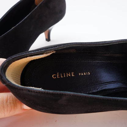 Celine Suede Pumps Black Pointed-Toes Kitten Heels