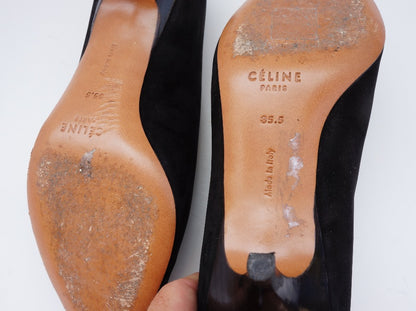 Celine Suede Pumps Black Pointed-Toes Kitten Heels
