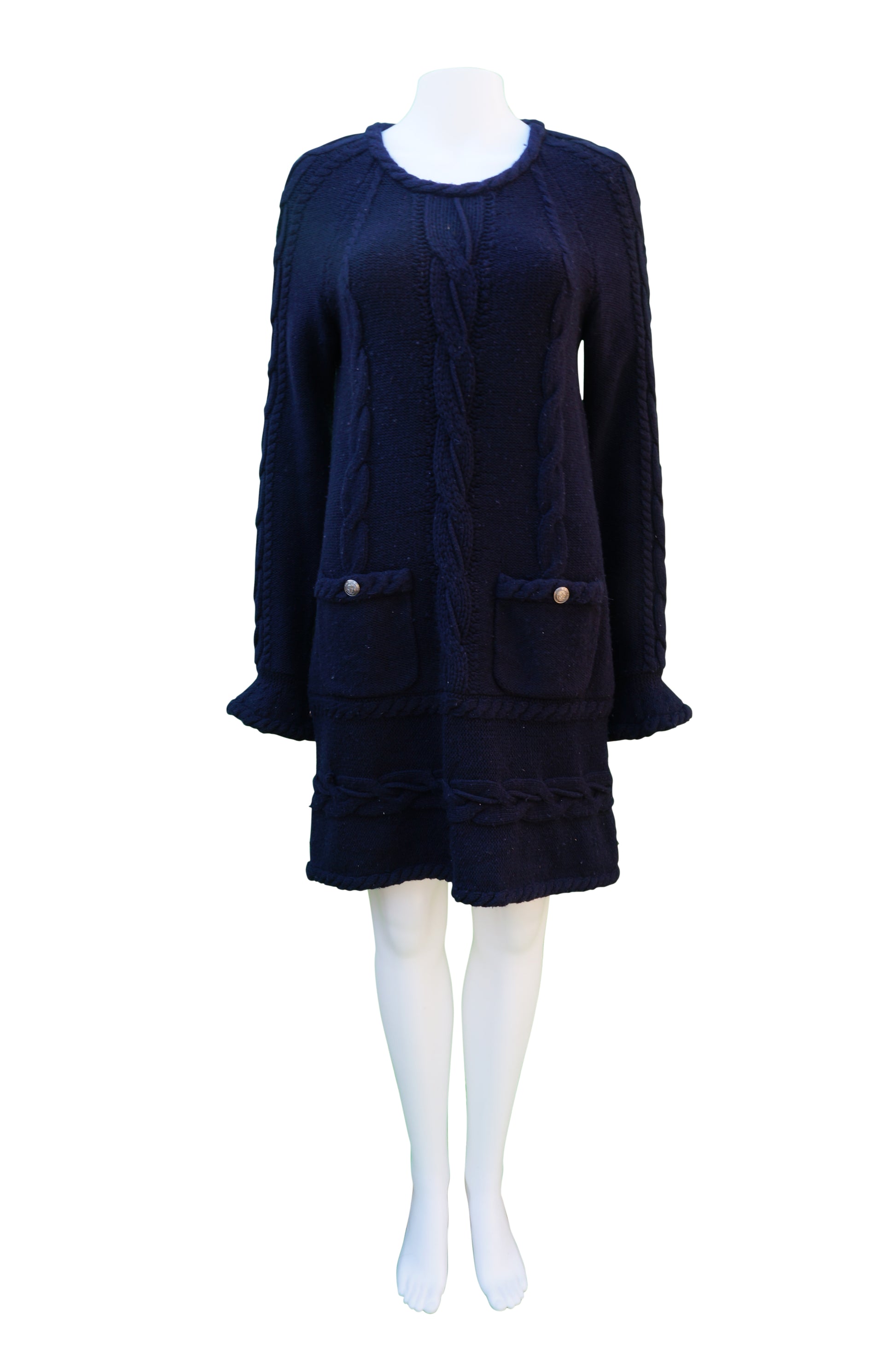 chanel sweater dress Chanel Navy Knit Sweater Dress – leefluxury.com