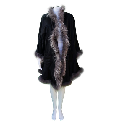 Vakko Cashmere Fur Stole; black with grey fur; patch pockets; open front; sleeves.