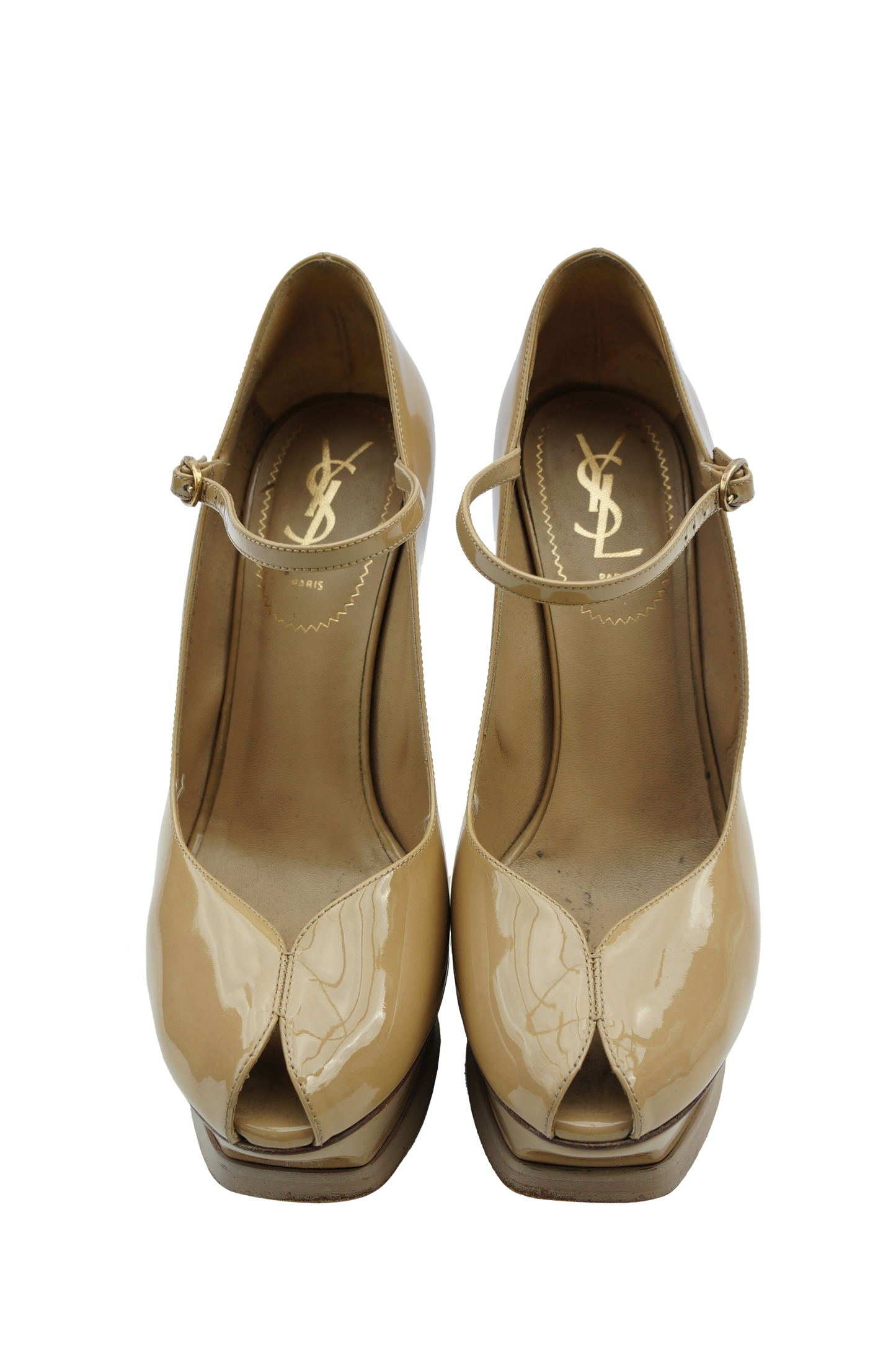 YVES SAINT LAURENT BEIGE PATENT LEATHER ANKLE STRAP PUMPS - leefluxury.com