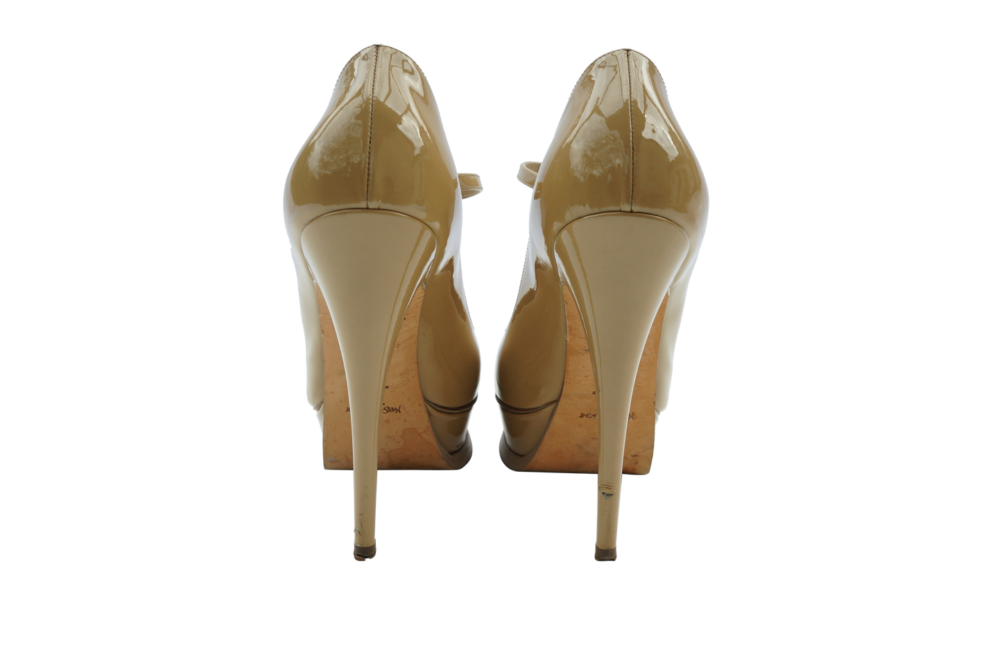 YVES SAINT LAURENT BEIGE PATENT LEATHER ANKLE STRAP PUMPS - leefluxury.com