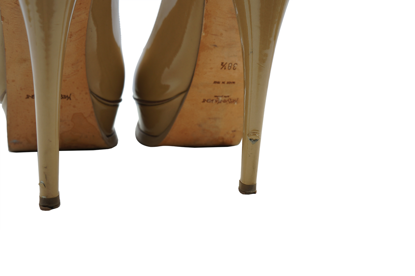 YVES SAINT LAURENT BEIGE PATENT LEATHER ANKLE STRAP PUMPS - leefluxury.com