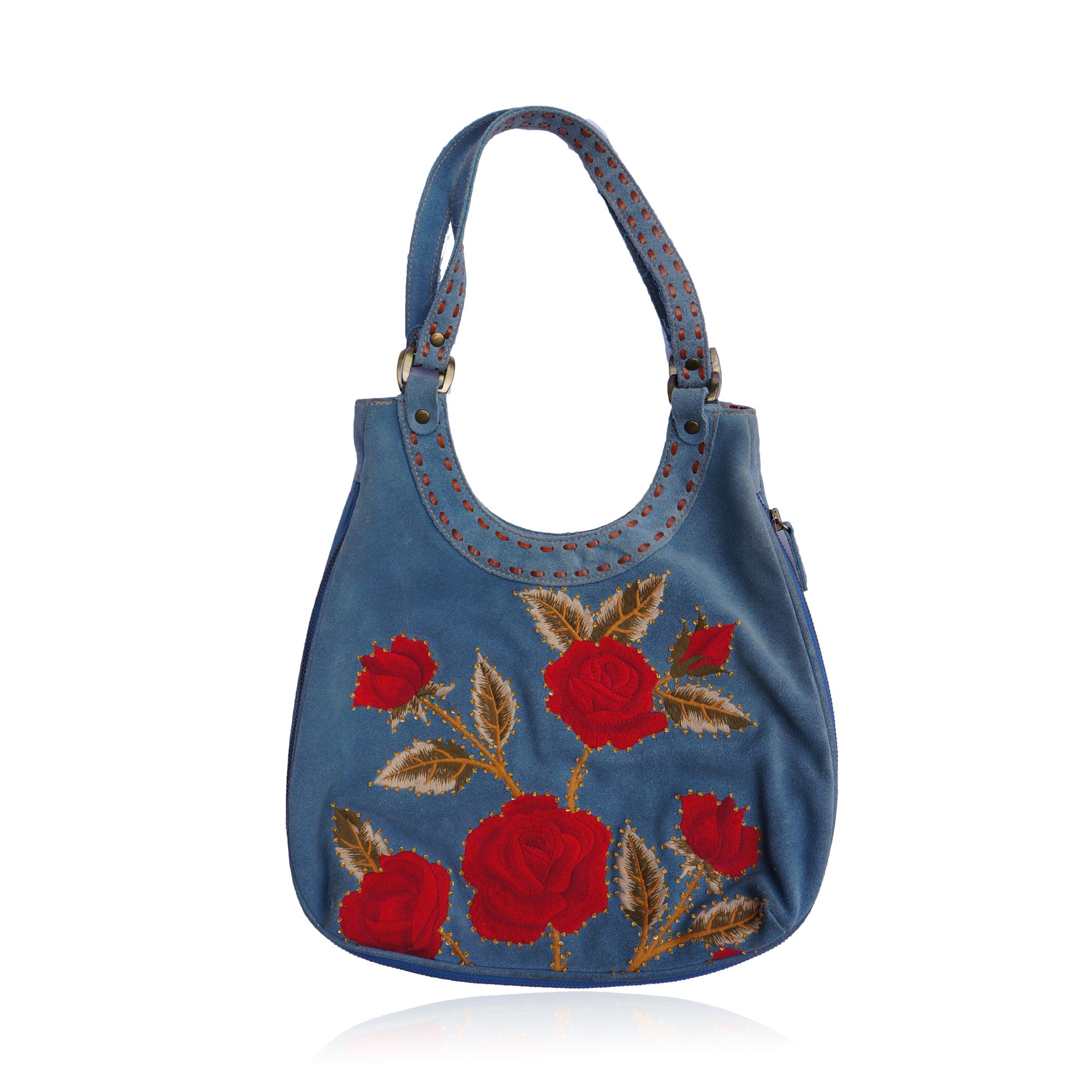 ISABELLA FIORE BOHO SUEDE FLORAL CRYSTAL SHOULDER HOBO BAG