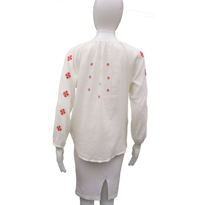 JOIE WHITE RED EMBROIDERED BEAD EMBELLISHMENT TOP - leefluxury.com