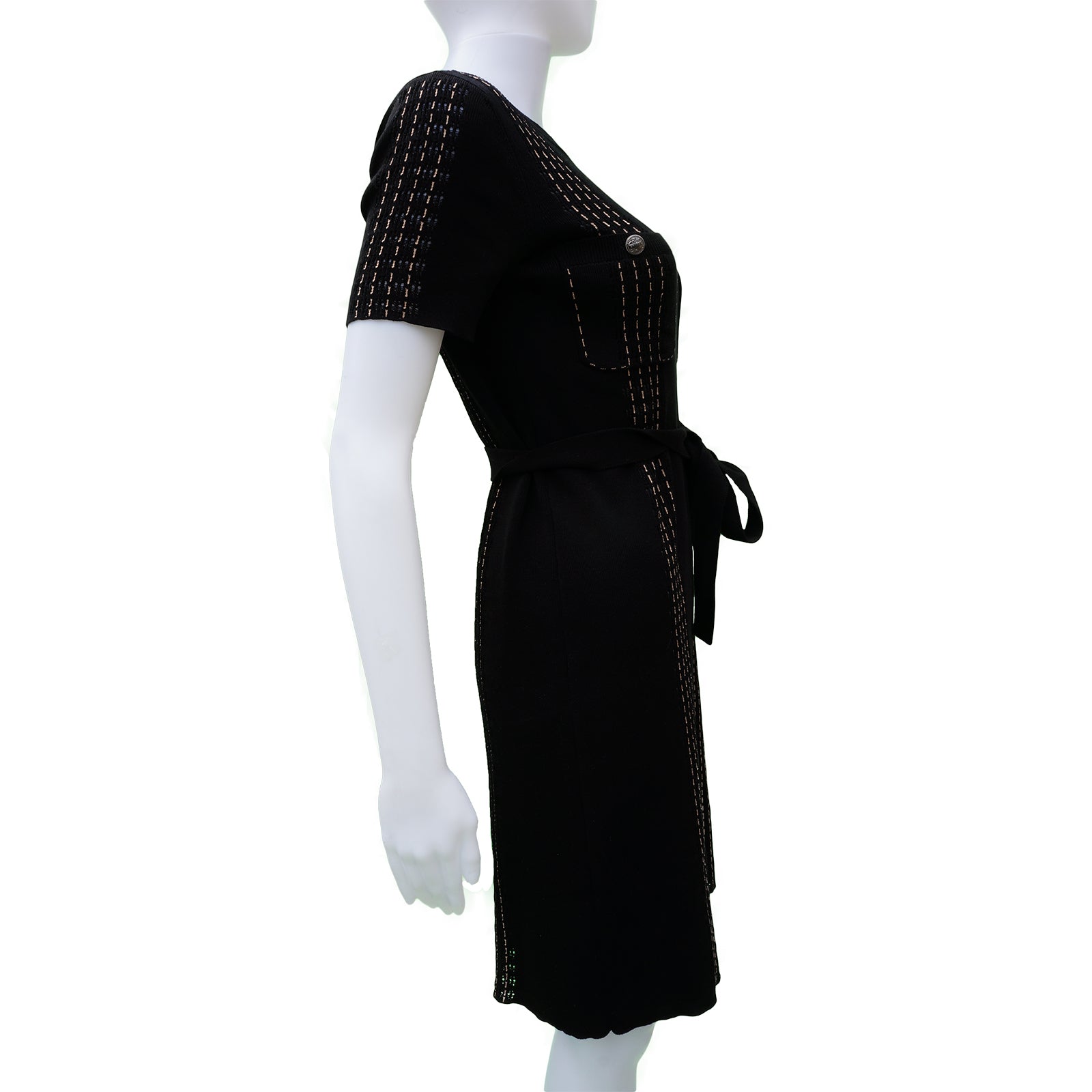 Chanel Black Knit Logo Pocket Detail Long Sleeve Dress L Chanel