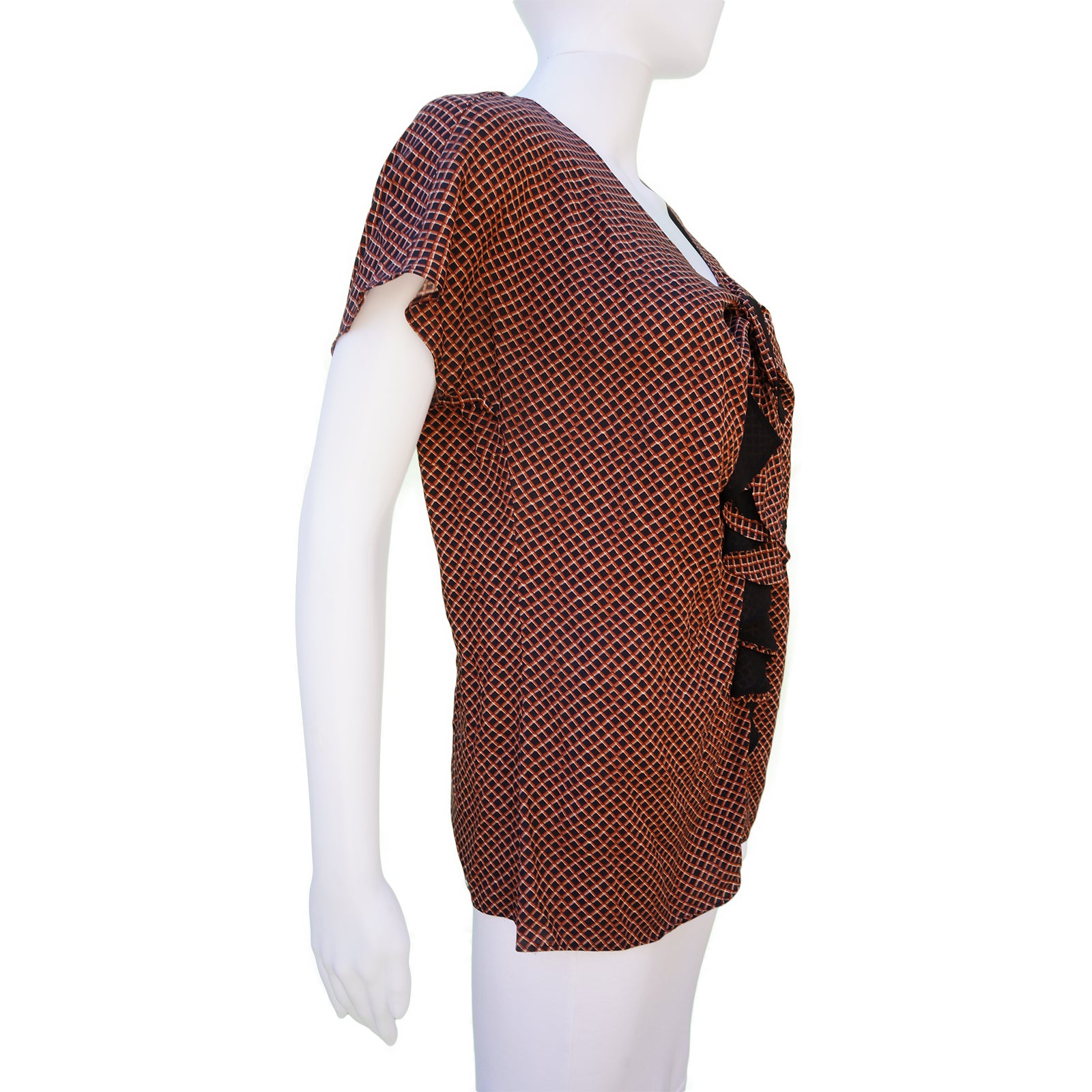 ETRO SILK PRINTED RUFFLE FRONT SHORT SLEEVE TOP - leefluxury.com
