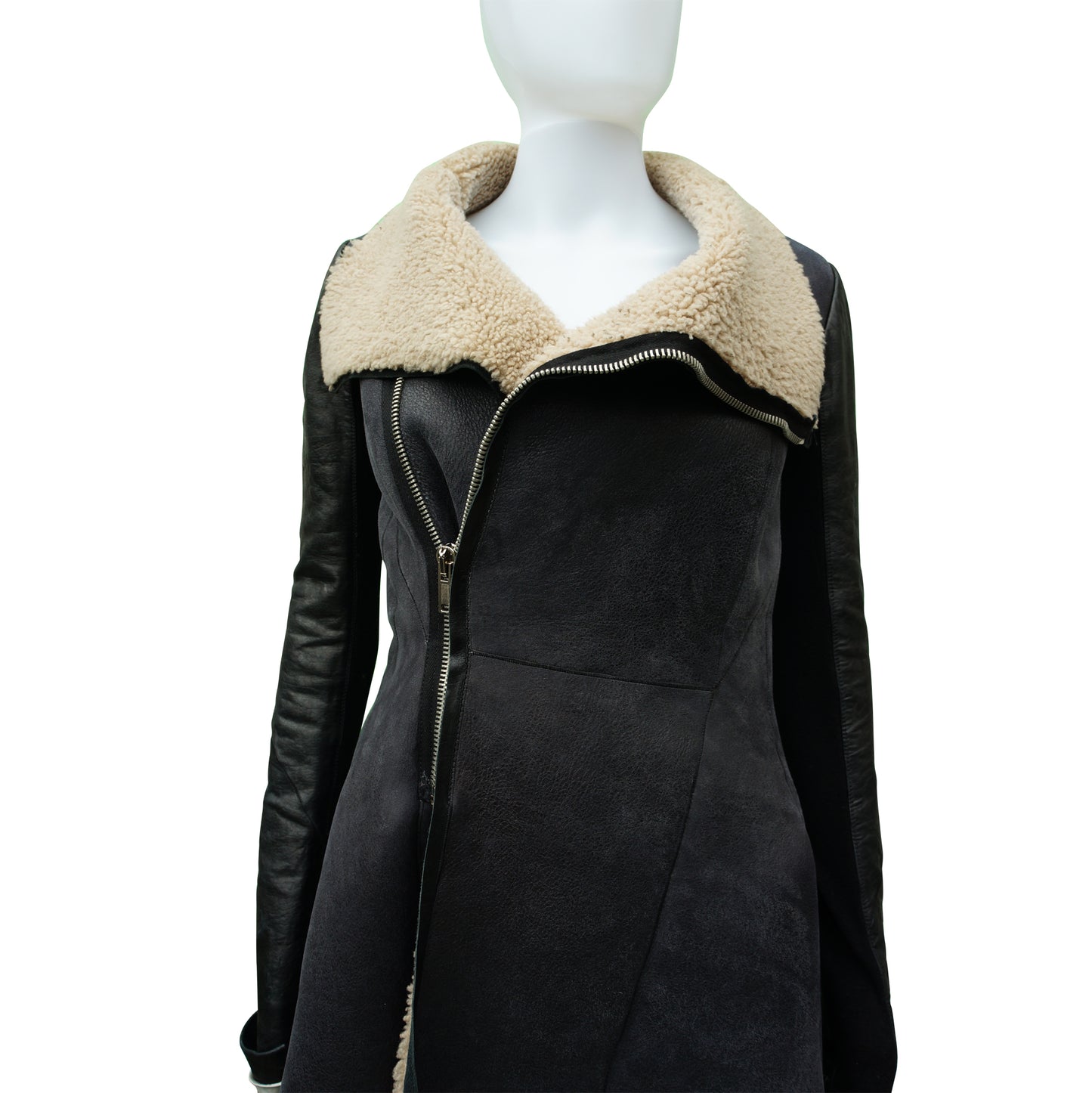 RICK OWENS ASYMMETRICAL SHEARLING JACKET - leefluxury.com